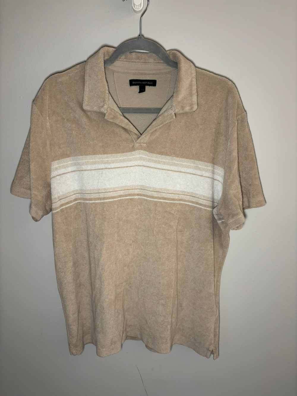 Banana Republic Polo Shirt Beige White Stripe Size L